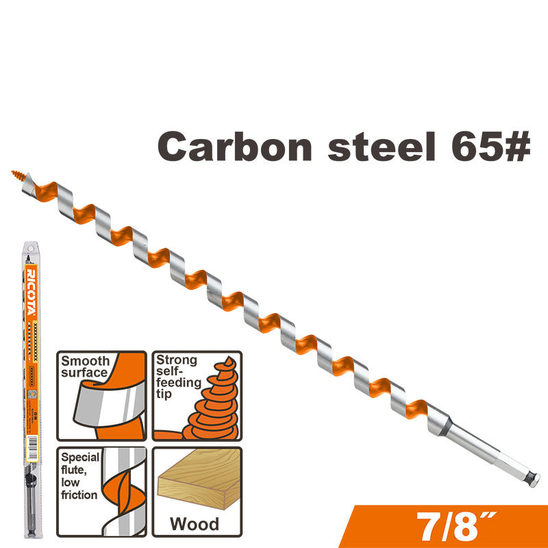 BROCA AUGER PARA MADERA 7/8 PLG X 18 PLG, DE ACERO AL CARBONO, VASTAGO HEXAGONAL DE 1/4 PLG, RICOTA.