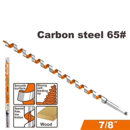 BROCA AUGER PARA MADERA 7/8 PLG X 18 PLG, DE ACERO AL CARBONO, VASTAGO HEXAGONAL DE 1/4 PLG, RICOTA.