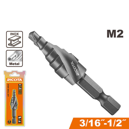 BROCA ESCALONADA HSS M2, RECUBRIMIENTO TITANIO NEGRO, MEDIDAS 3/16 A 1/2 PLG, VASTAGO HEXAGONAL 1/4 PLG, RICOTA.