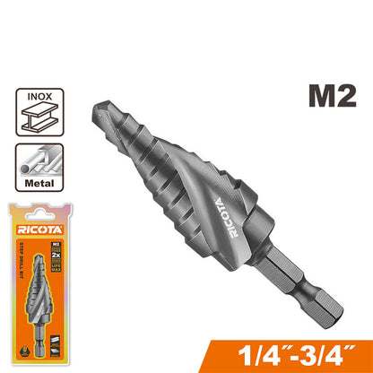 BROCA ESCALONADA HSS M2, RECUBRIMIENTO TITANIO NEGRO, MEDIDAS 1/4 A 3/4 PLG, VASTAGO HEXAGONAL 3/8 PLG, RICOTA.