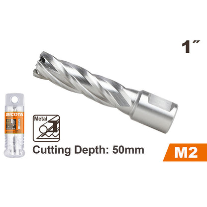 BROCA ANULAR PARA METAL HSS M2, 1 X 2 PLG, VASTAGO WELDON 3/4 PLG, RICOTA.
