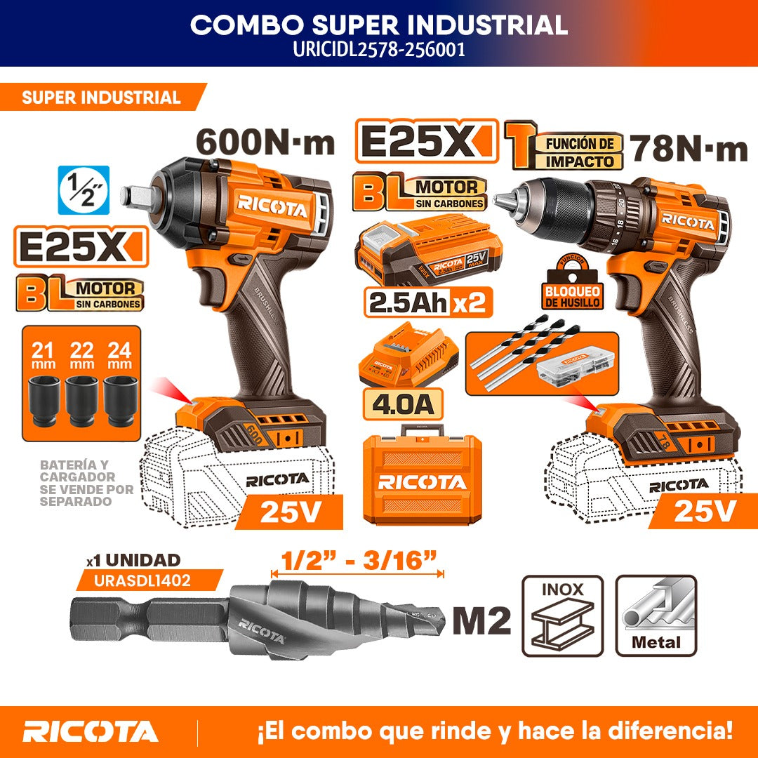 COMBO DE BARRENO, LLAVE DE IMPACTO Y BROCA ESCALONADA. RICOTA
