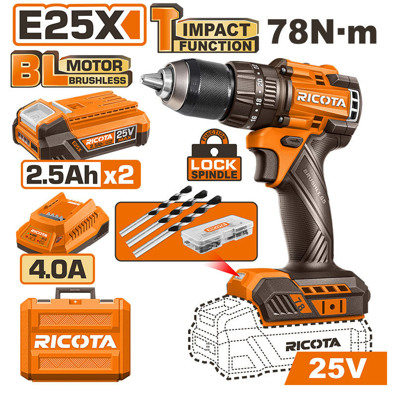 TALADRO PERCUTOR INALAMBRICO BRUSHLESS 25V, MANDRIL 1/2 Plgs, TORQUE 78 NM, INCLUYE 2 BATERIAS 2.5AH Y CARGADOR, RICOTA.