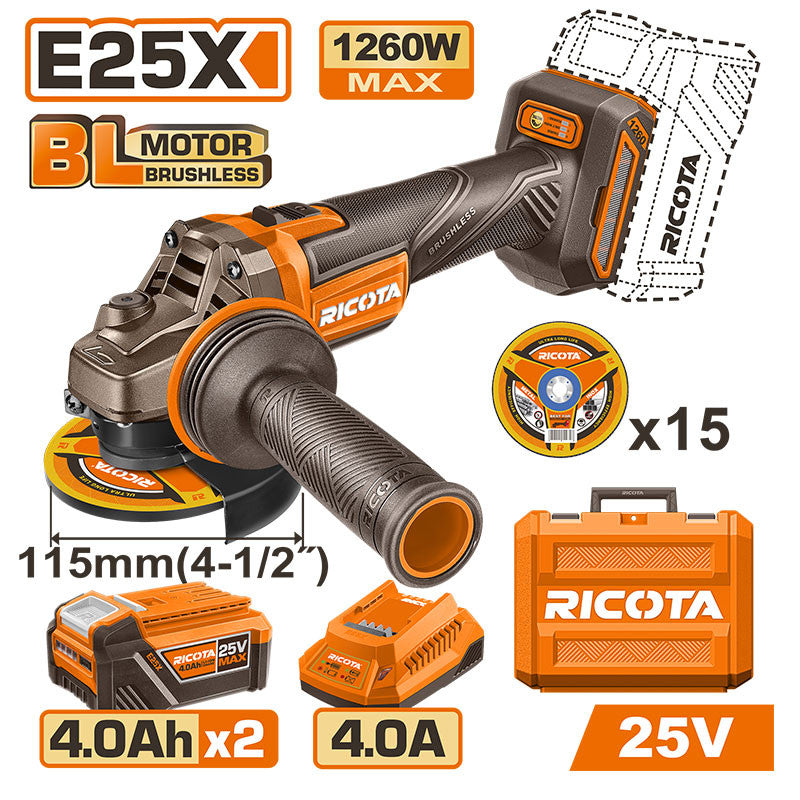 ESMERILADORA ANGULAR INALAMBRICA BRUSHLESS 25V, 10000 RPM, DISCO 4-1/2 PLG, INCLUYE 2 BATERIAS 4.0AH, CARGADOR . RICOTA.
