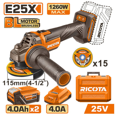 ESMERILADORA ANGULAR INALAMBRICA BRUSHLESS 25V, 10000 RPM, DISCO 4-1/2 PLG, INCLUYE 2 BATERIAS 4.0AH, CARGADOR . RICOTA.