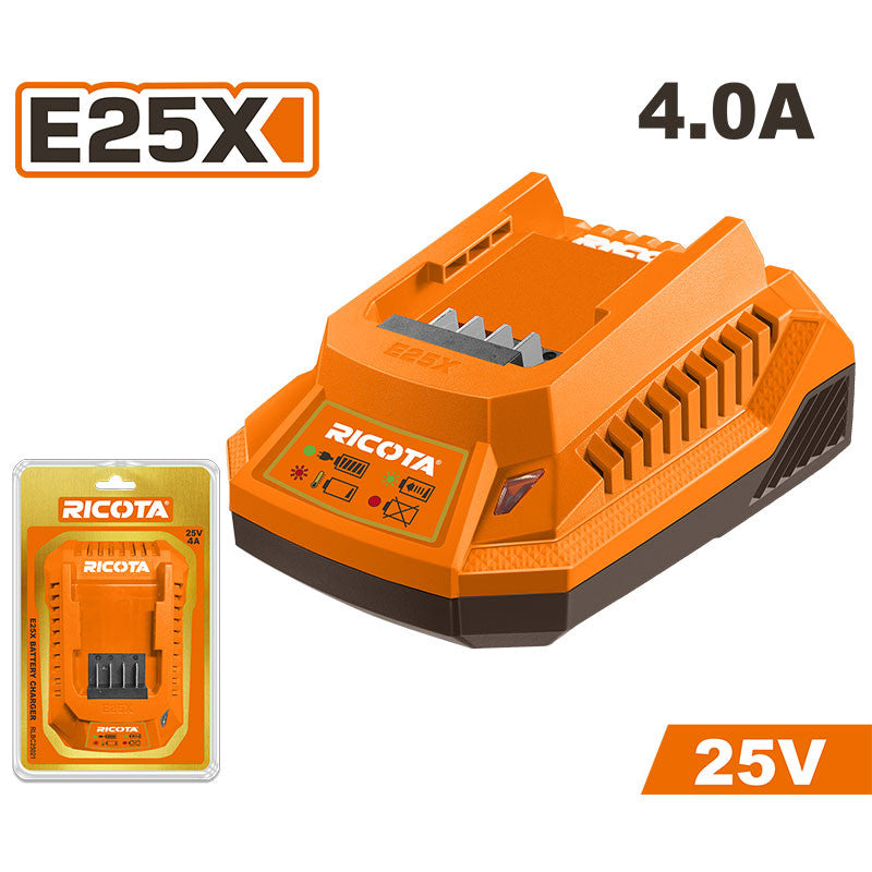 CARGADOR PARA BATERIA 25V, SALIDA 4A, VOLTAJE 110-120V, COMPATIBLE CON HERRAMIENTAS E25X, RICOTA.