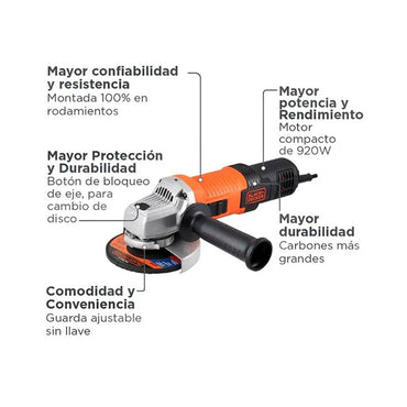 Pulidora BLACK+DECKER 4-½" 920W con 6 Discos Gratis
