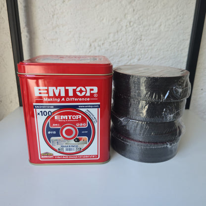 Caja 100 Discos Abrasivos, Planos, 4-1/2 X 3/64 X 7/8 Pulg, Corte Metal Y Acero Inoxidable, 115Mm X 1Mm X 22.2Mm. Emtop