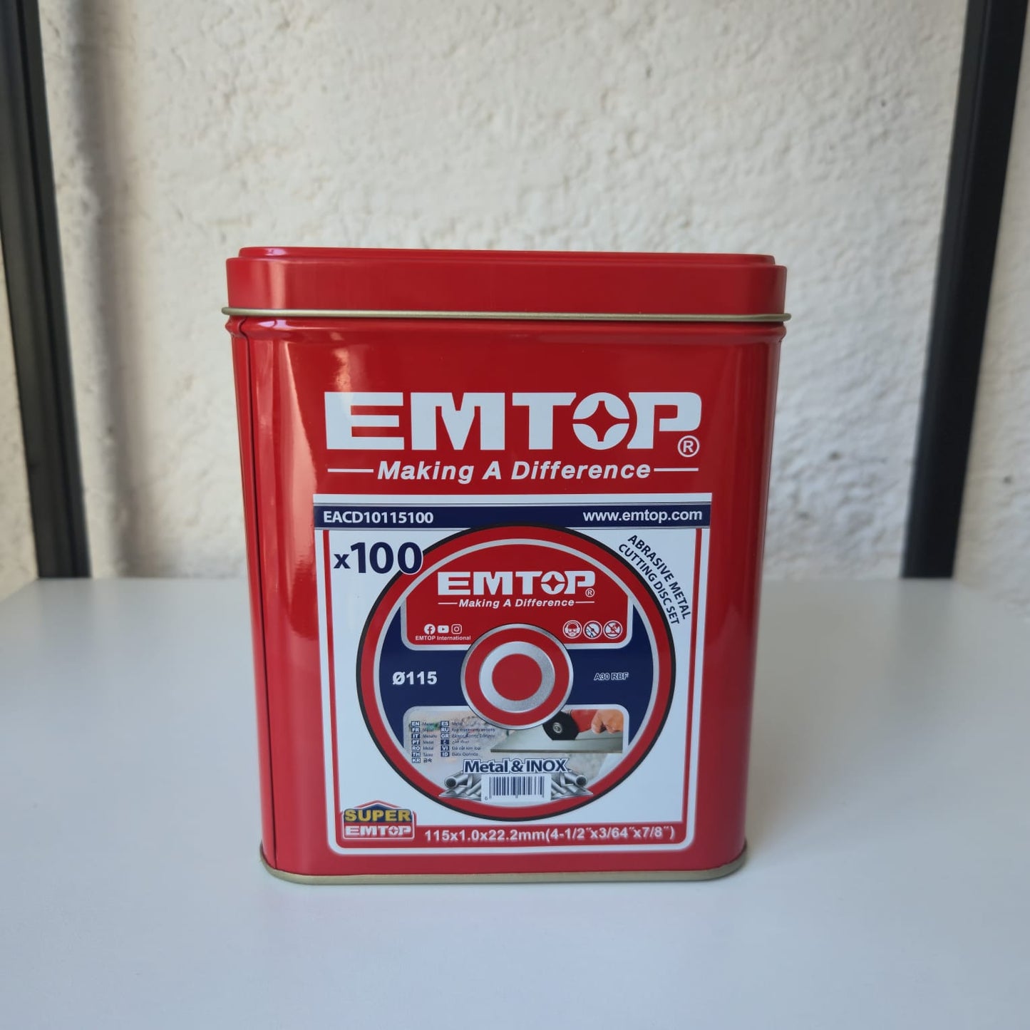 Caja 100 Discos Abrasivos, Planos, 4-1/2 X 3/64 X 7/8 Pulg, Corte Metal Y Acero Inoxidable, 115Mm X 1Mm X 22.2Mm. Emtop
