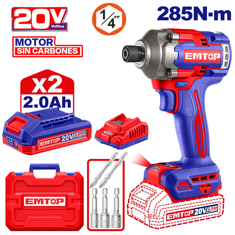 [ULCIRL2028]-ATORNILLADOR DE IMPACTO INALAMBRICO 1/4, 20V, BRUSHLESS, 285NM, 2 BATERIAS Y CARGADOR. EMTOP