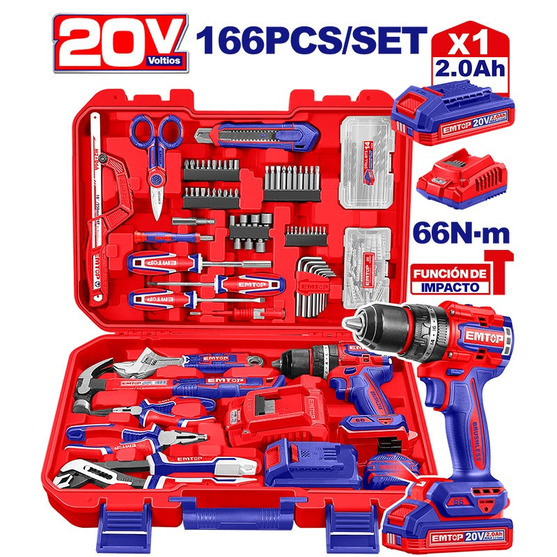 Kit Barreno Inalámbrico 20V 1/2" 66 Nm 22+1 Torques + 166 Piezas y Maleta | EMTOP ULEDK16601
