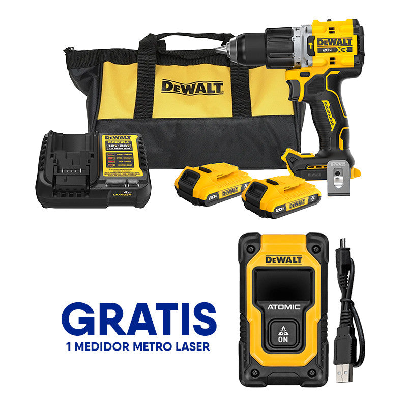 BARRENO PERCUTOR XR, 1/2 PULG, 20V. BRUSHLESS, SISTEMA ANTI-ROTACION 2 BATERIAS Y CARGADOR. GRATIS METRO LASER. DEWALT