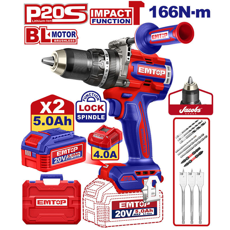 [ULCIDL201668] -Barreno/Taladro Percutor Inalambrico 20 Voltios, Vv, Brushless, Mandril Metalico De 1/2, Torque 166nm. Emtop