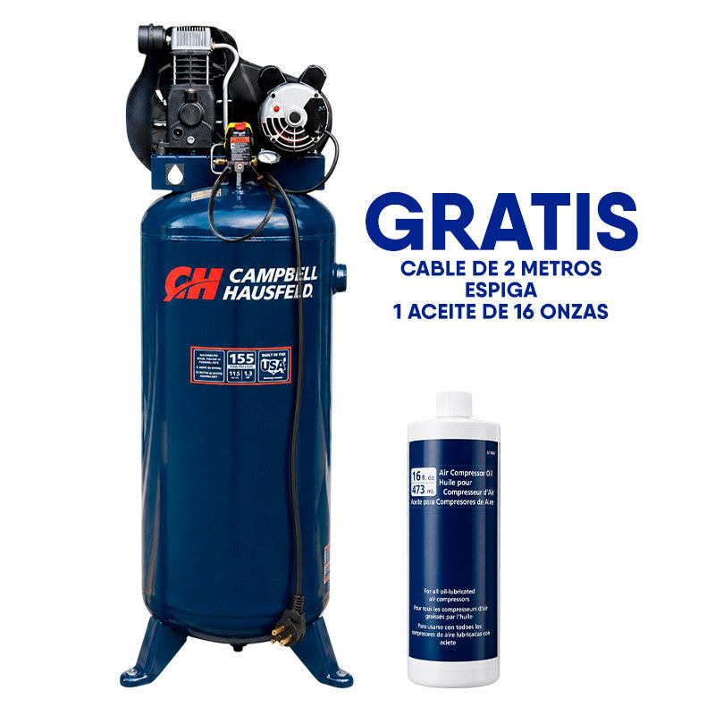 COMPRESOR 60 GALONES, PRESION MAXIMA 155 PSI, 13.4 CFM A 40 PSI, 11.5 CFM A 90 PSI, VOLTAJE 208-230 V. CAMPBELL HAUSFELD