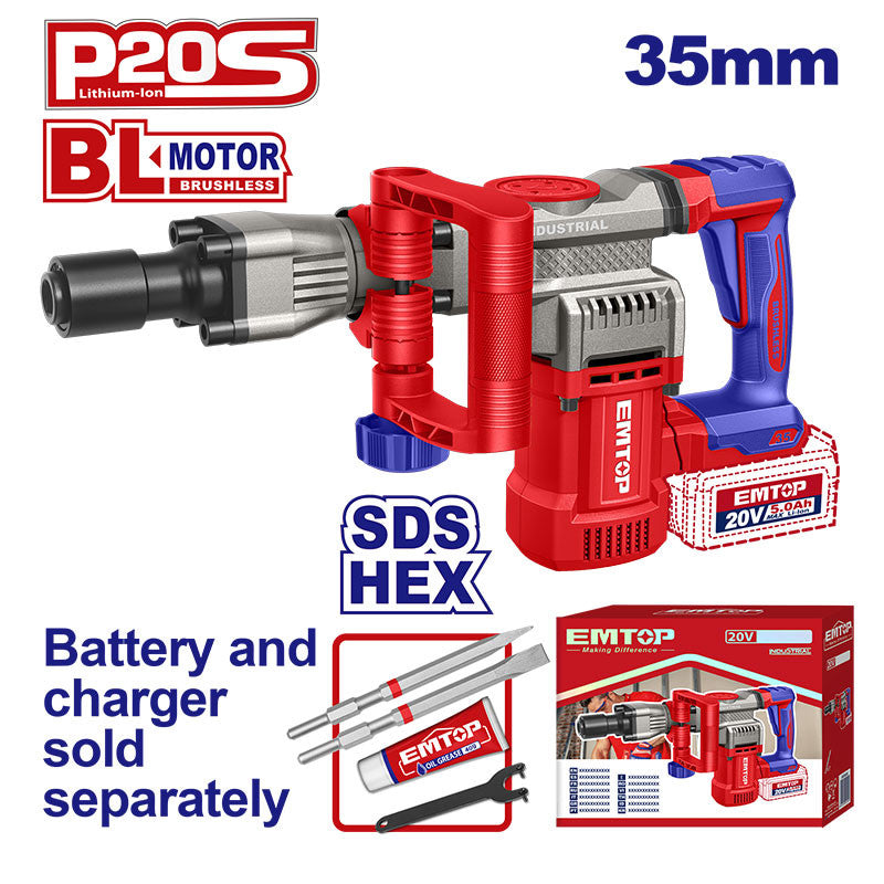 DEMOLEDOR INALAMBRICO 20V, BRUSHLESS, 16 JOULES, 0-3200 BPM, ENCASTRE HEX. SIN BATERIA Y CARGADOR, BARE TOOL. EMTOP