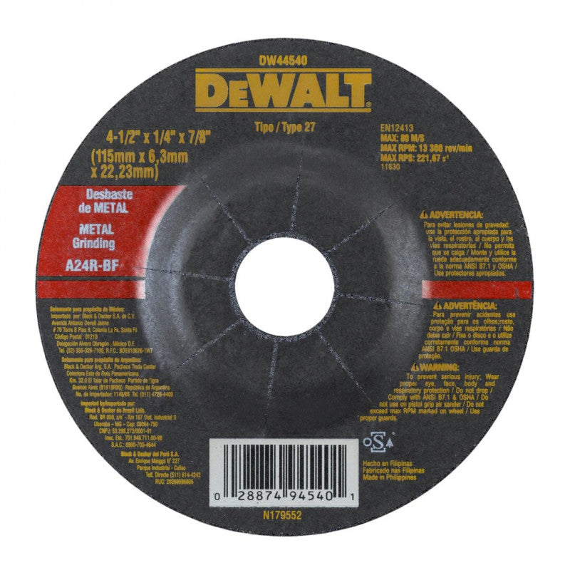 [DW44540-PH]-DISCO ABRASIVO, CONCAVO, 4-1/2 X 1/4 X 7/8 PULG, PULIR O DESBASTAR METAL. MARCA DEWALT