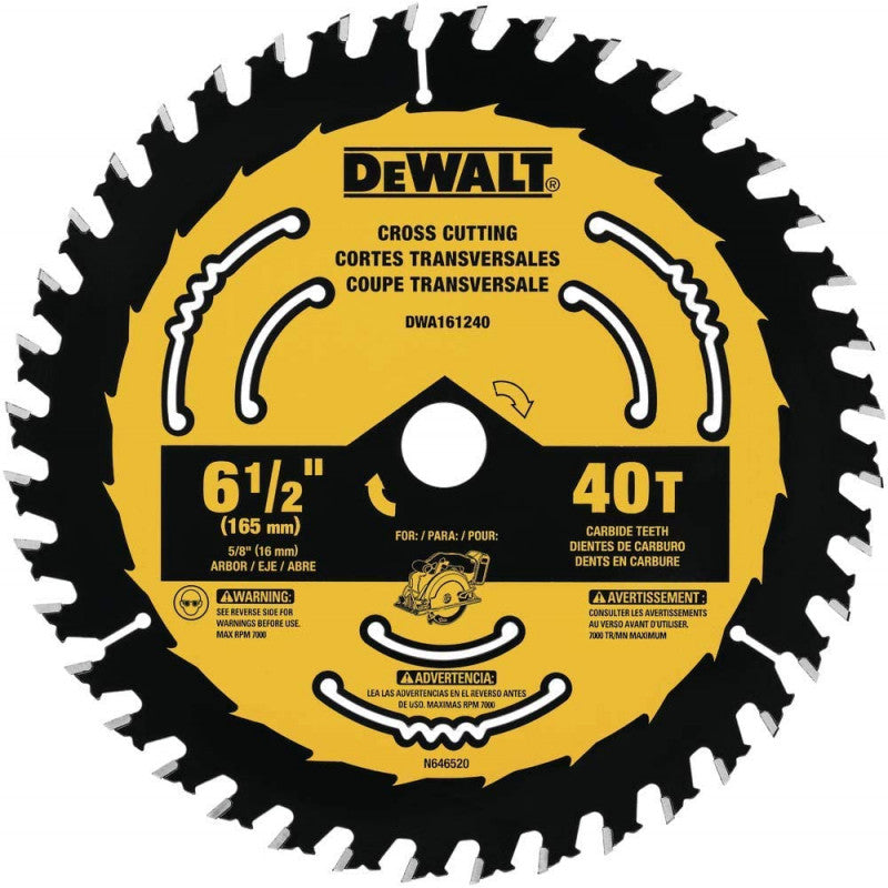 [DWA161240] -Disco De Sierra, 6-1/2 Pulg, Eje 5/8 Pulg, 40 Dientes De Carburo, Para Cortes Tranversales En Madera. Marca Dewalt