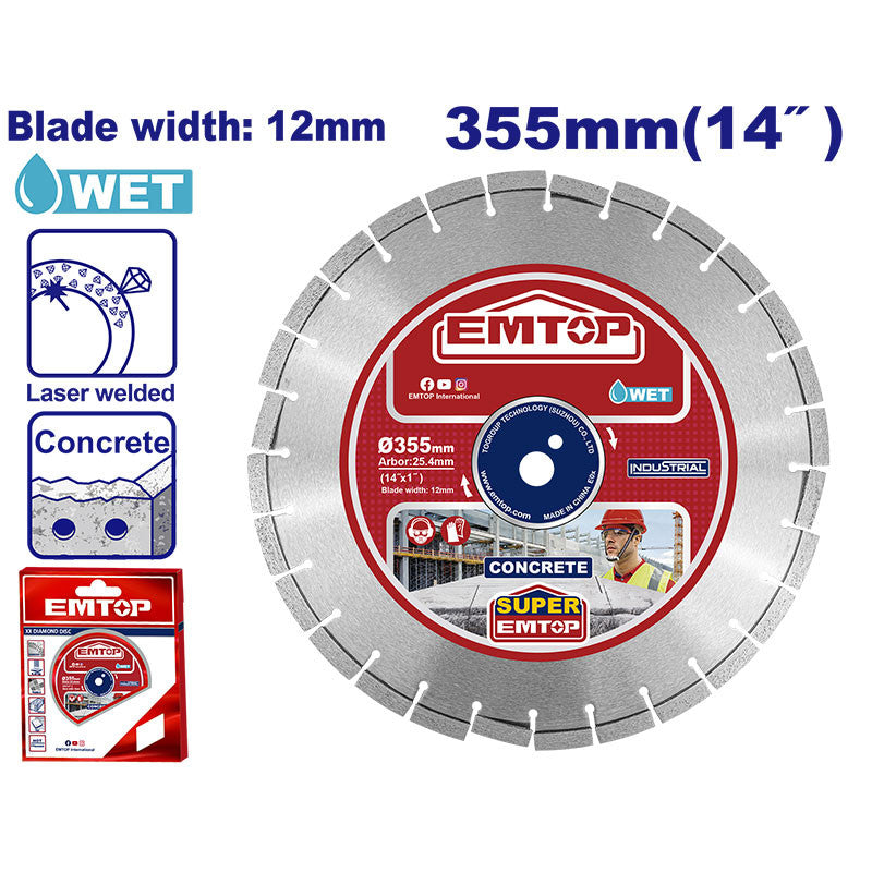 Disco Diamantado Segmentado 14 Plg. Eje 1 Plg. Para Corte De Concreto. Emtop