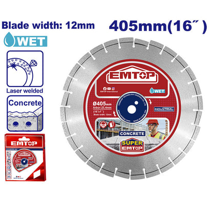 Disco Diamantado Segmentado 16 Plg. Eje 1 Plg. Para Corte De Concreto. Emtop