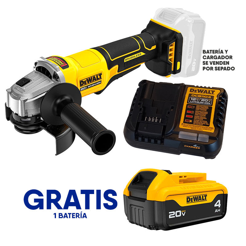 ESMERILADORA INALAMBRICA 4 1/2, 20V, 9000 RPM, MOTOR BRUSHLESS. INCLUYE CARGADOR. GRATIS BATERIA DCB204YY. DEWALT