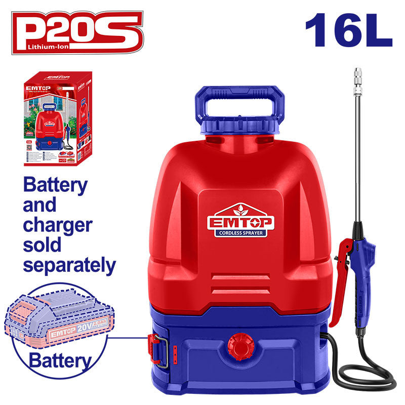 Fumigadora Inalambrica 16l, 20v, 72 Psi, 2 Velocidades, Con Lanza De Acero Y Tanque De Polietileno. Emtop