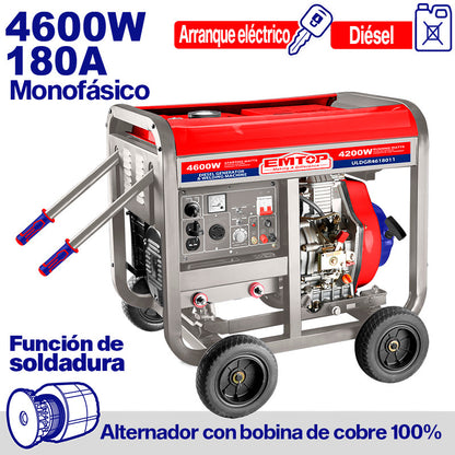 GENERADOR DIESEL 4,600 WATTS/SOLDADOR 160APM, MOTOR 9HP, ARRANQUE MANUAL Y ELECTRICO. EMTOP