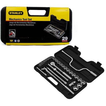 [86-504] -Juego De 29 Piezas, Raiz De 1/2 Pulgadas, Copas 12 Puntos, Milimetricas Con Maleta Plastica. Marca Stanley
