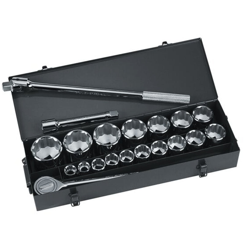 [87-557] -Juego De 21 Piezas, Copas Raiz De 3/4, 12 Puntos En Pulg, Ratchet Extension Y Barra Con Caja Metalica. Marca Stanley