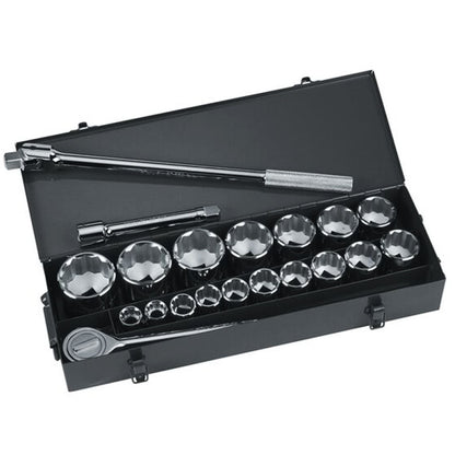 [87-557] -Juego De 21 Piezas, Copas Raiz De 3/4, 12 Puntos En Pulg, Ratchet Extension Y Barra Con Caja Metalica. Marca Stanley