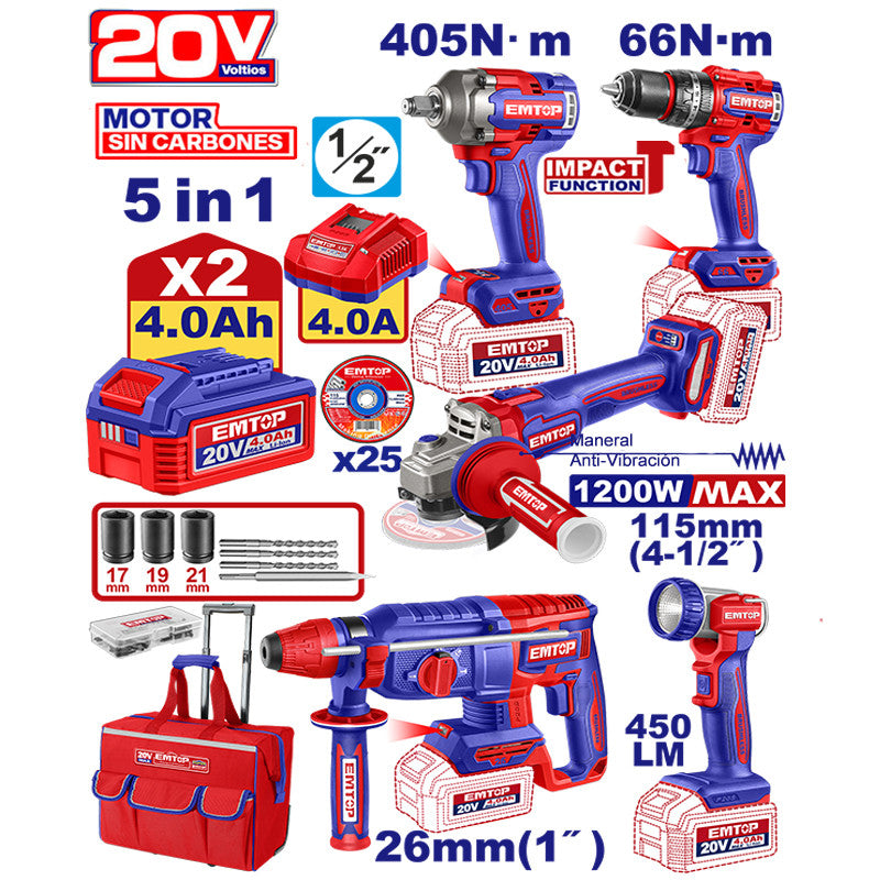 KIT DE 5 INALAMBRICAS 20V, ESMERILADORA 4 1/2, TALADRO 1/2, ROTOMARTILLO SDS PLUS, LLAVE DE IMPACTO 1/2 Y LAMPARA. EMTOP