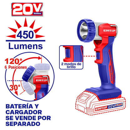 [ELWLI2058]-LAMPARA DE TRABAJO INALAMBRICA, 20V, LUMENES 450, SIN BATERIA NI CARGADOR, BARE TOOL. EMTOP