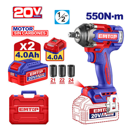 LLAVE DE IMPACTO INALAMBRICA 1/2, 20V, BRUSHLESS, TORQUE 550NM. CON 2 BATERIAS Y CARGADOR. EMTOP