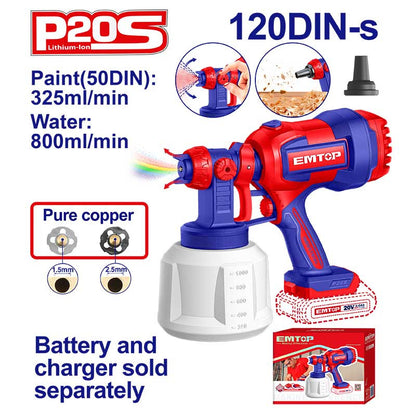 PISTOLA PULVERIZADORA PARA PINTAR, INALAMBRICA, 20V, SIN BATERIA NI CARGADOR, BARE TOOL. EMTOP