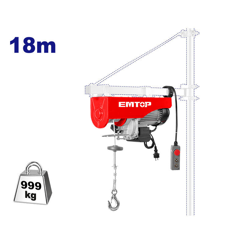 Polipasto Electrico 1600w Capacidad 500kg Linea Simple, 999kg Doble Linea, Altura 18m / 9m, Proteccion Termica. Emtop