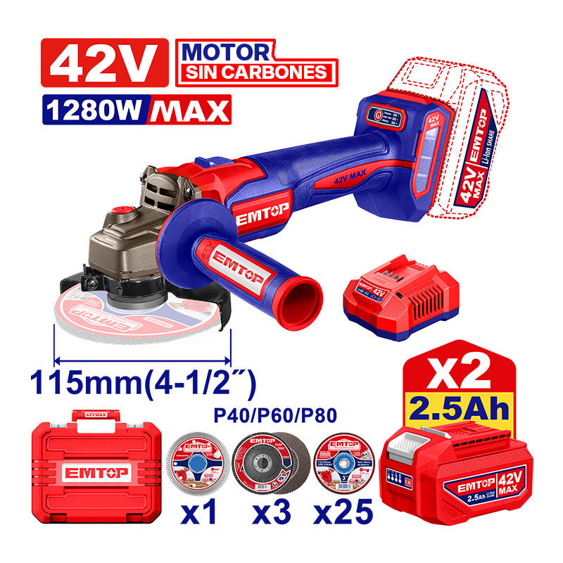 [ULAG4128112]-PULIDORA/ESMERILADORA INALAMBRICA 4 1/2 PLG. 42V, BRUSHLESS, EJE 5/8. EMTOP