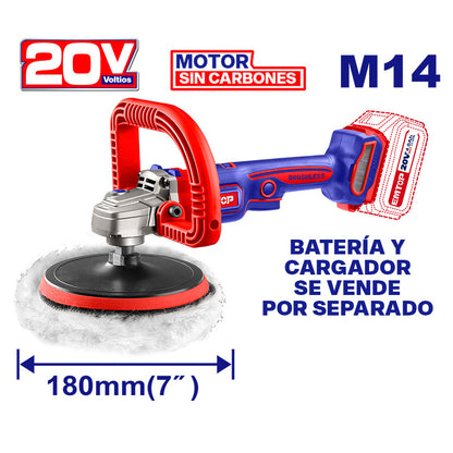 [ELAP2018]-PULIDORA/LUSTRADORA INALAMBRICA 7 PULG, 20V, BRUSHLESS, VV 400 A 2500 RPM, EJE M14. (BARE TOOL). EMTOP