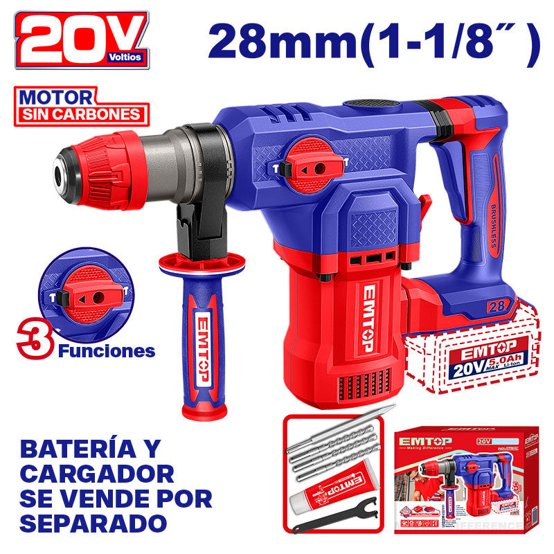 ROTOMARTILLO INALAMBRICO 20V. SDS PLUS, BRUSHLESS, 930RPM, 4.5 JOULES, SIN BATERIA NI CARGADOR. BARE TOOL. EMTOP