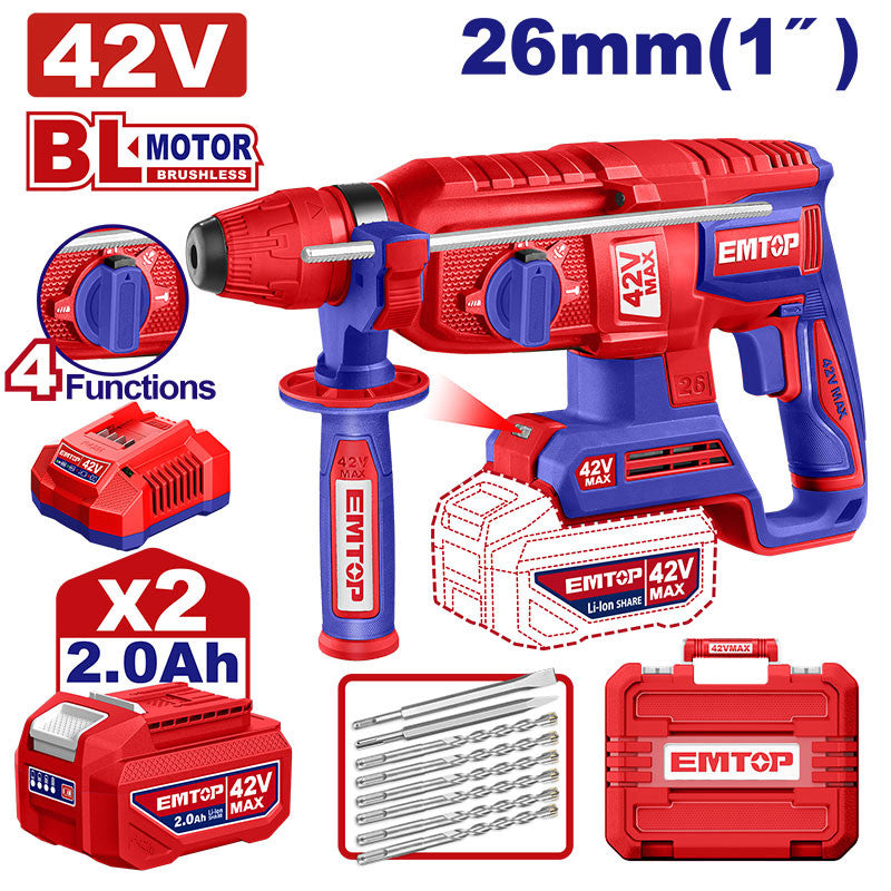 [ULLRH422682] -Rotomartillo Sds Plus Inalambrico, 42v, Brushless, Impacto 0-5000 Ipm, 2.5 Joules. Emtop