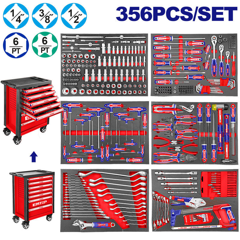 SET DE HERRAMIENTAS 356 PIEZAS CON GABINETE DE 7 GABETAS Y RUEDAS, INCLUYE RATCH, DADOS, LLAVES, DESTORNILLADORES Y ACCE
