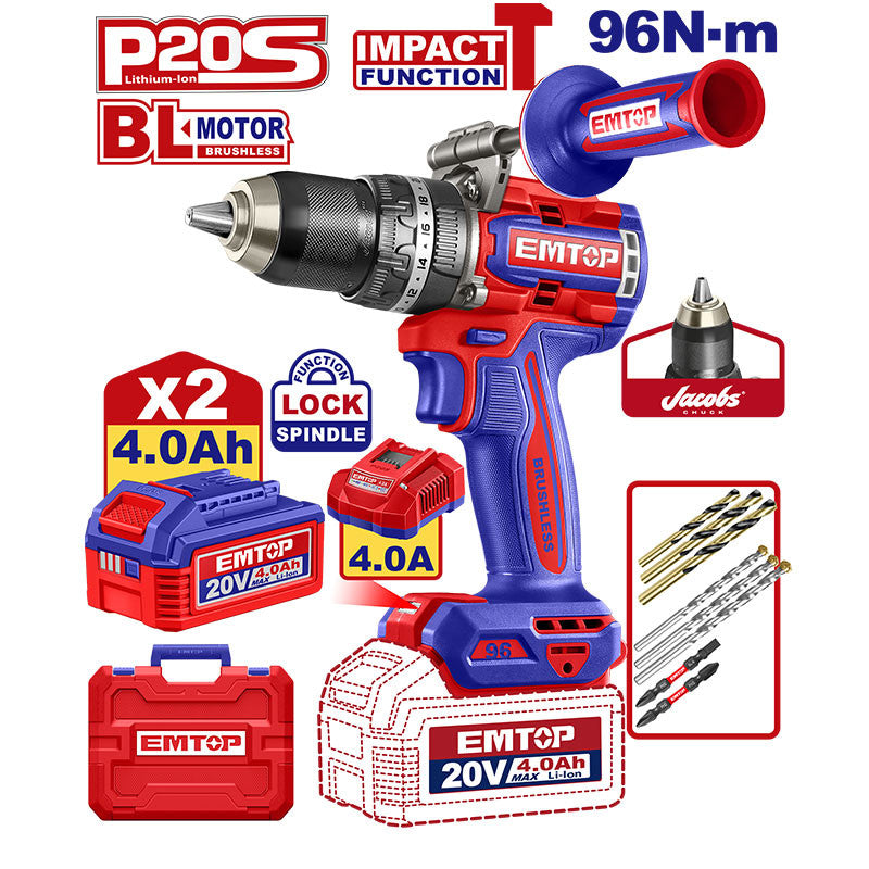 BARRENO PERCUTOR INALAMBRICO BRUSHLESS 20V, TORQUE 96NM, MANDRIL 1/2 PLG, INCLUYE 2 BATERIAS 4 AH Y CARGADOR. EMTOP
