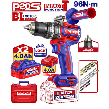 BARRENO PERCUTOR INALAMBRICO BRUSHLESS 20V, TORQUE 96NM, MANDRIL 1/2 PLG, INCLUYE 2 BATERIAS 4 AH Y CARGADOR. EMTOP